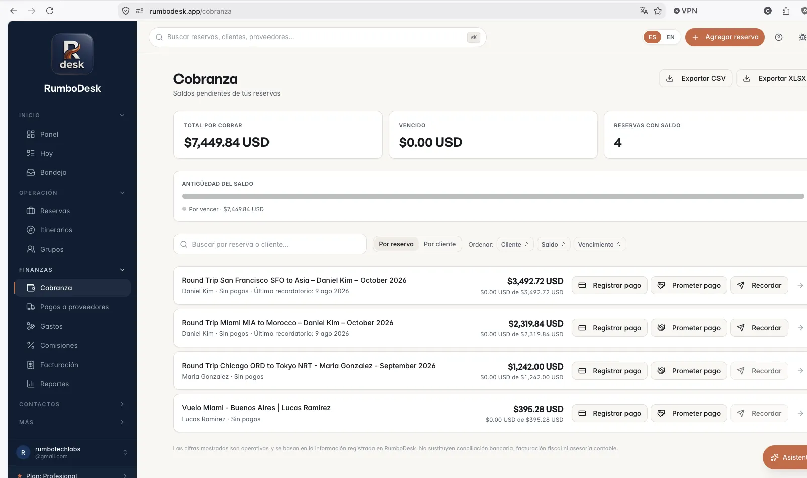 Vista de Cobranza en RumboDesk con saldos, antigüedad y acciones de registrar pago, prometer pago y recordar