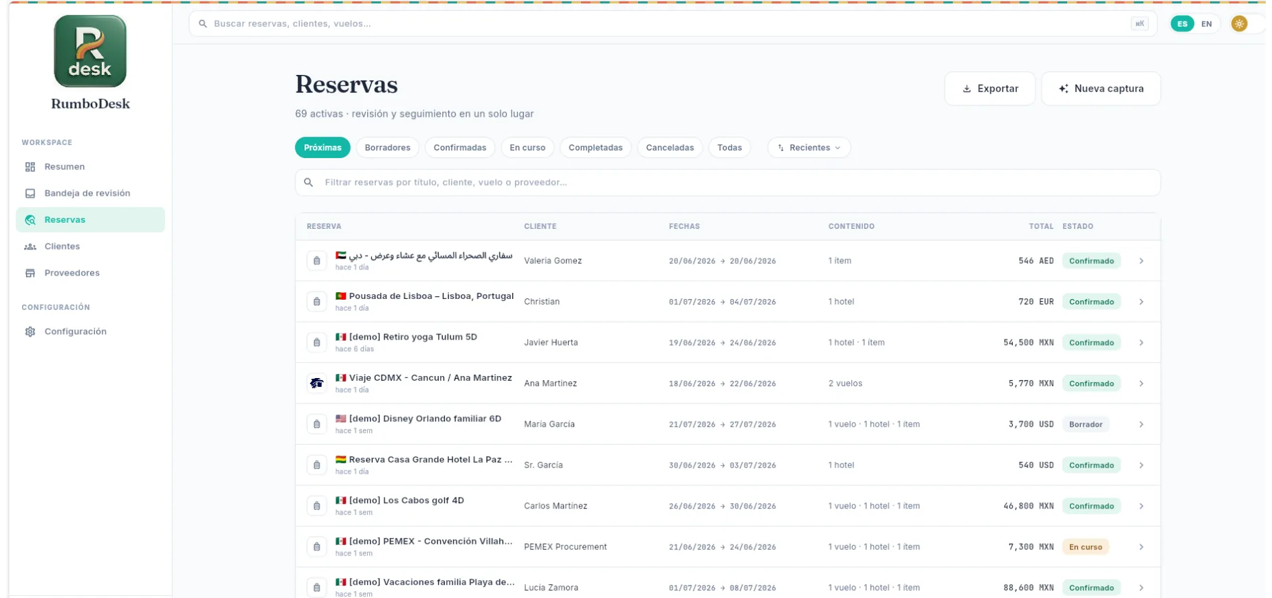 Bookings view in RumboDesk — list of bookings with status, client, dates and amounts